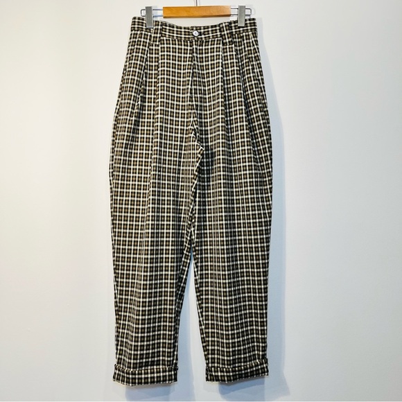 TOPSHOP High Waisted Brown Black Plaid Ankle Trouser Pants | Wide Tapered Leg - Picture 10 of 12
